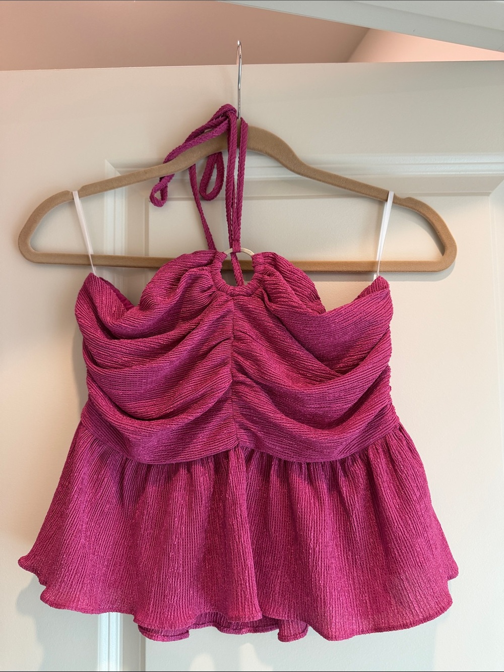 SHEIN Magenta Ruched Halter Peplum Camisole